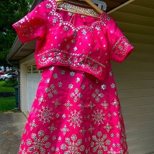 Hot Pink Mirror Work Lehenga with Cancan